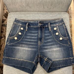 Miss Me Blue Jean Shorts with Button Accents